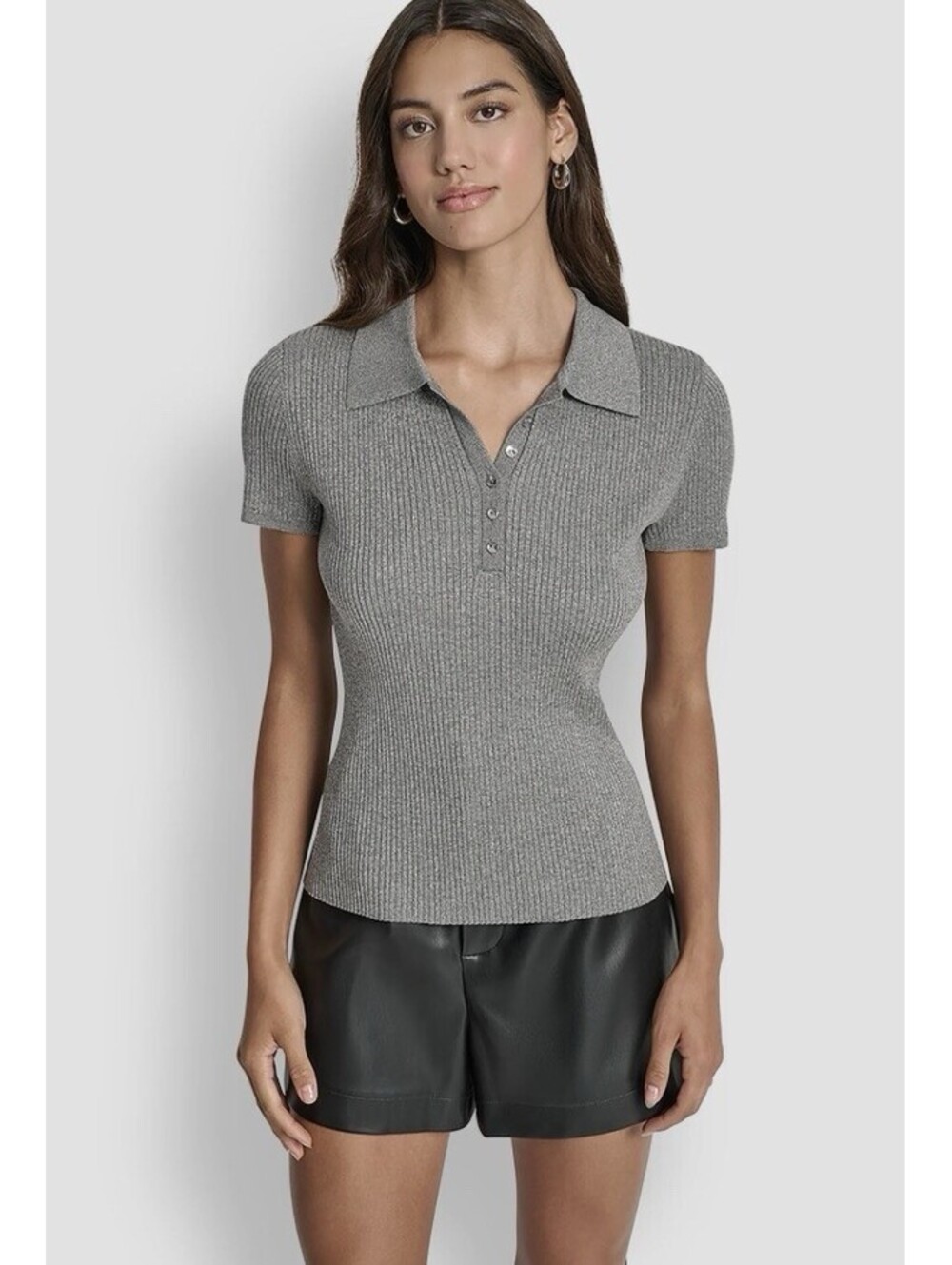 NWT DKNY Jeans Silver Metallic Ribbed Polo Sweater Women’s Size Small